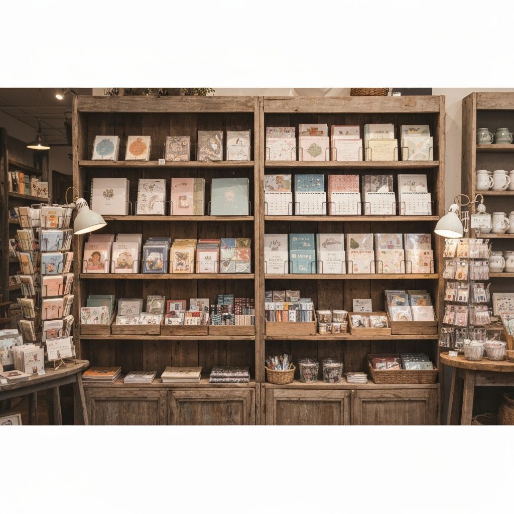 Gift shop display with cards, calendars and stationery at Tangambalanga General Store